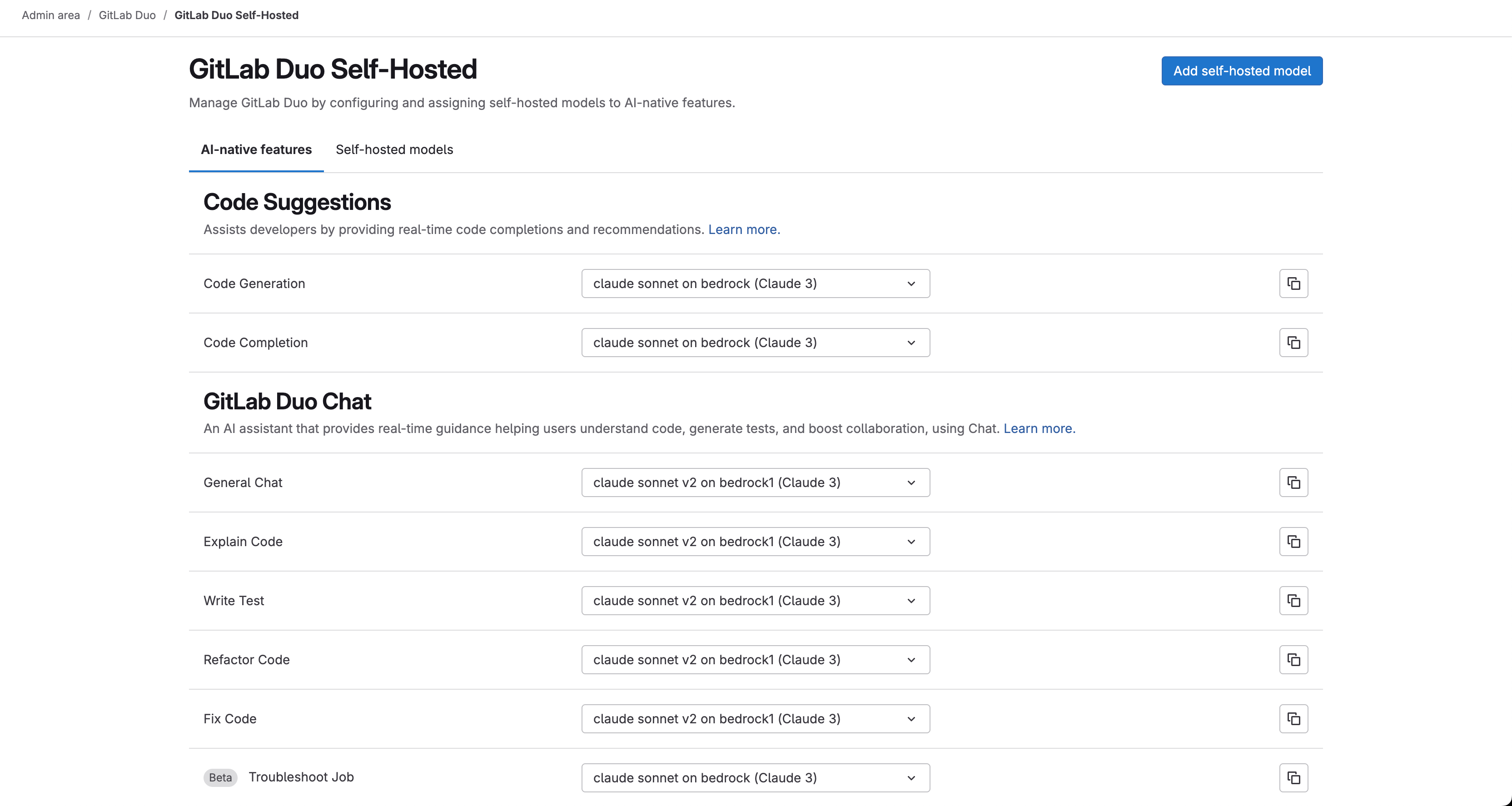 GitLab Duo Self-Hosted Features Configuration